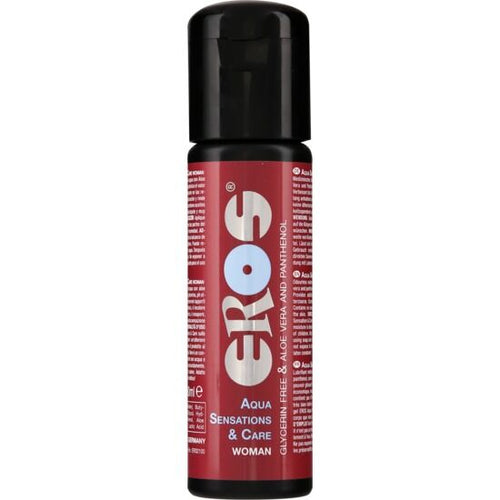Bouteille bordeaux Eros Aqua Sensations & Care Woman, vue de face, lubrifiant doux base eau pense pour la zone intime feminine, texture soyeuse
