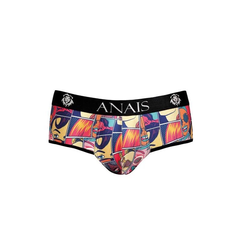 Jockstrap Comics Anais a plat de face, modal imprime bande dessinee colore, pochette avant et ceinture ANAIS logo large.