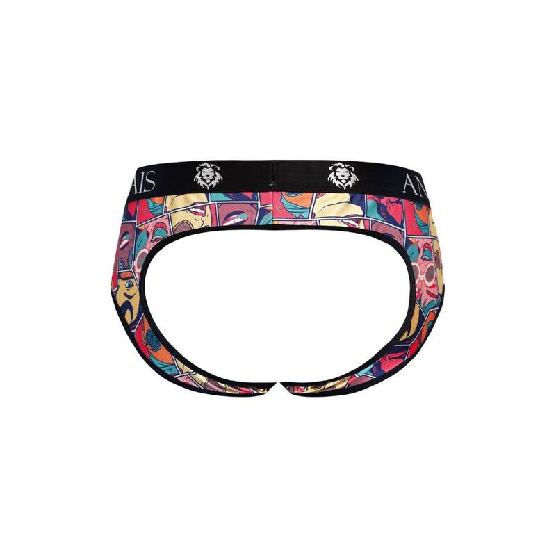 Jockstrap homme Comics Anais vu a plat de dos, decoupe fesses ouvertes audacieuse, imprime bande dessinee colore et ceinture noire siglee, maille modal extensible sans modele
