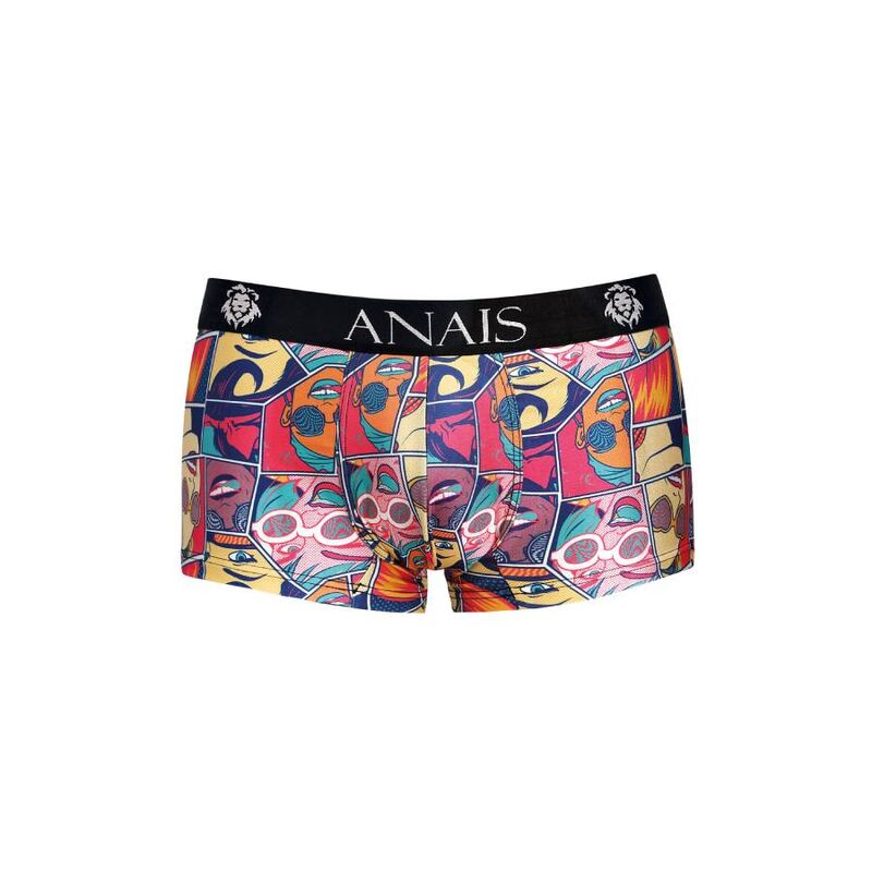 Boxer homme Comics Anais a plat de trois quarts, imprime bande dessinee multicolore lumineux, ceinture noire siglee, maille modal moulante coupe sportive jambes longues, sans corps