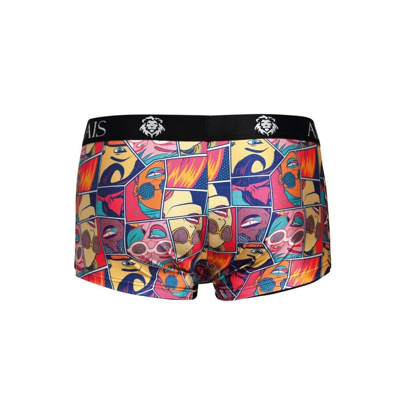 Boxer homme Comics Anais photographie a plat de face, imprime bande dessinee colore et ceinture noire siglee, maille modal stretch douce coupe sportive ajustee, sans modele visible