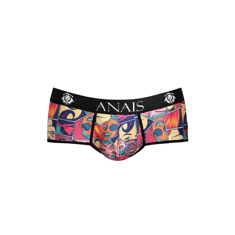 Slip homme Comics Anais a plat de trois quarts sur fond blanc, imprime bande dessinee multicolore, ceinture noire siglee, maille modal moulante coupe sportive jambes courtes, sans corps