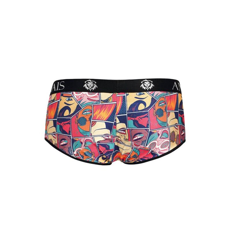 Slip homme Comics Anais photographie a plat de face, imprime bande dessinee colore et ceinture noire siglee, maille modal stretch douce coupe sportive ajustee, presente seul sans modele