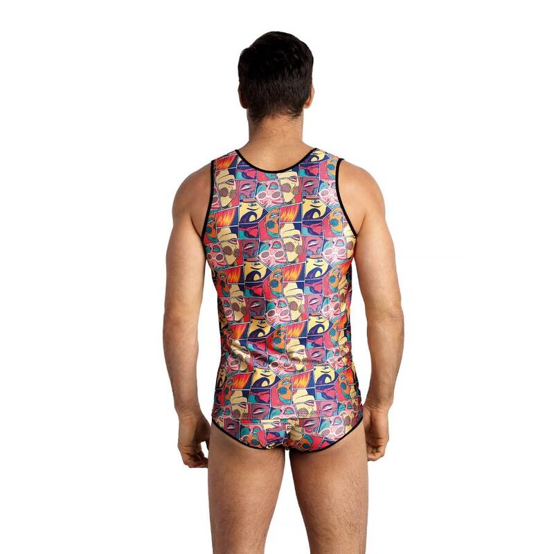 Debardeur homme Comics vu de dos sur un mannequin aux jambes nues, imprime bande dessinee multicolore, slip assorti et logo Anais, coupe ajustee sans manches en modal extensible