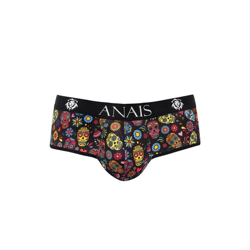 Slip homme Mexico a plat de face, imprime calaveras multicolores sur fond noir, large ceinture noire siglee Anais, pochette galbante, lingerie masculine festive.