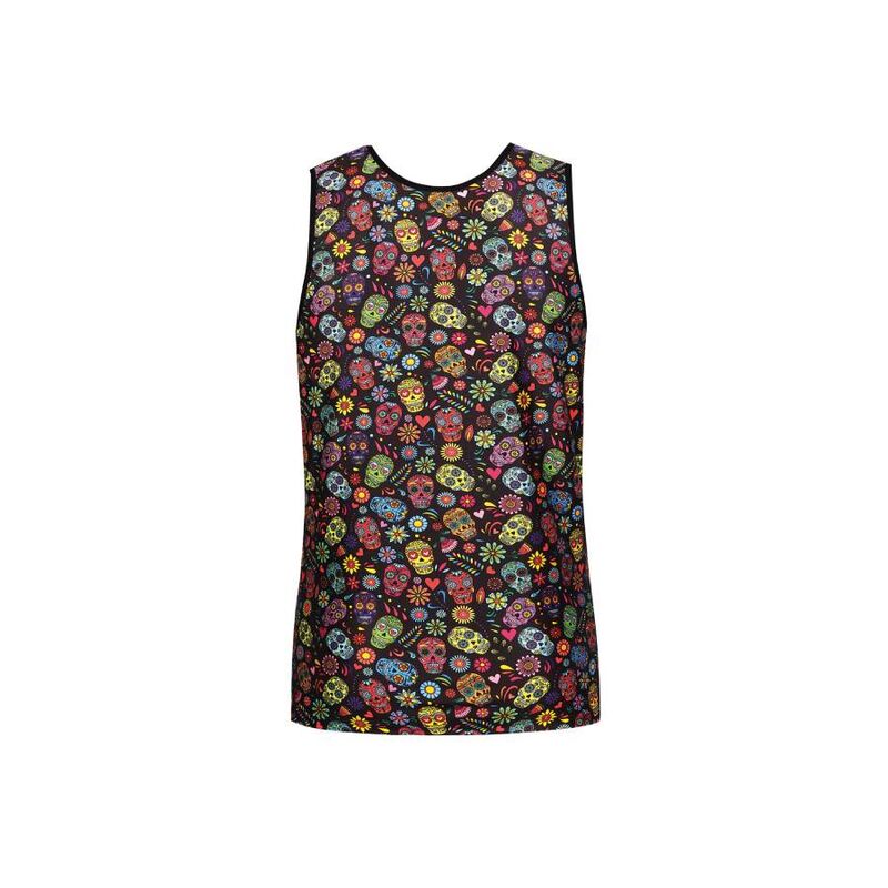 Debardeur homme Mexico vu de dos a plat, imprime calaveras multicolores sur fond noir, dos nageur ajoure, piece sans manches de lingerie masculine festive.