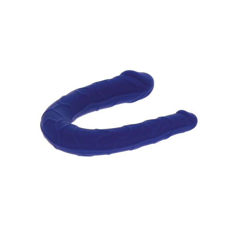 Mini double dong réaliste bleu silicone — détail texture surface
