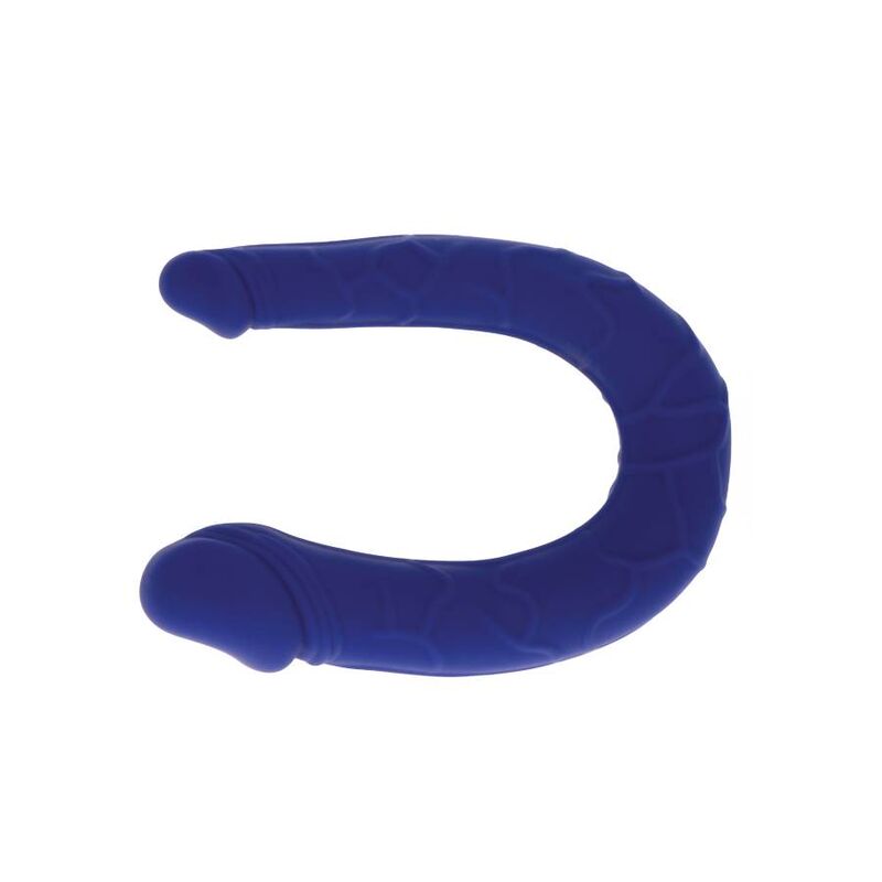 Double gode bleu en silicone forme U dresse, texture veinee et deux extremites realistes, sextoy compact double penetration vaginale et anale