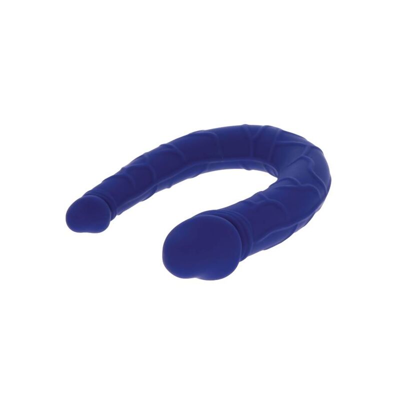 Mini double gode bleu silicone en U asymetrique, tige veinee et tetes realistes, sextoy de 15 cm double penetration, vue rapprochee de cote