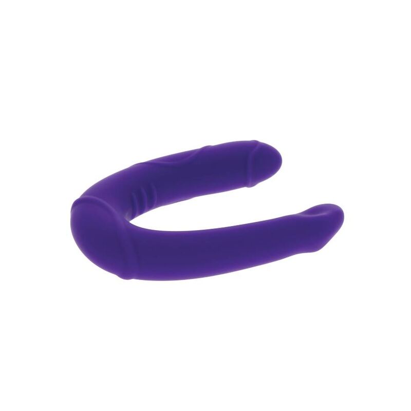 Double gode violet silicone en U ouvert, corps veine et tetes realistes, sextoy combinant gode et plug anal pour double penetration, de profil