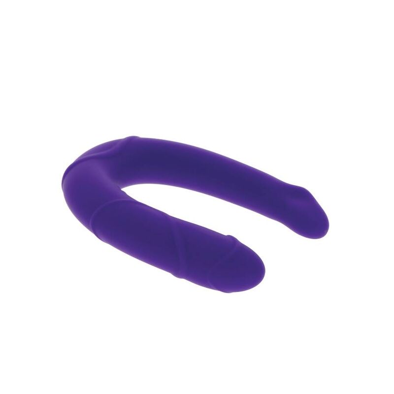 Double gode violet en silicone forme C, deux glands realistes et texture veinee, sextoy double penetration vaginale et anale, vue de trois quarts