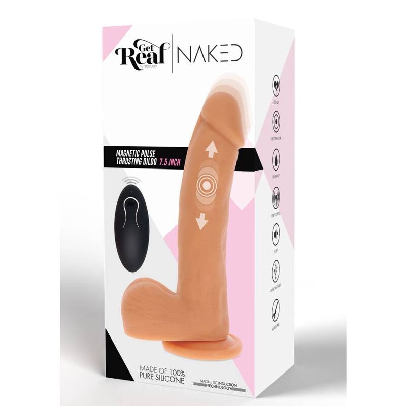 Boite Get Real Naked Magnetic Pulse Thrusting Dildo : gode realiste chair a va-et-vient sur packaging rose, sextoy thrust rechargeable a ventouse