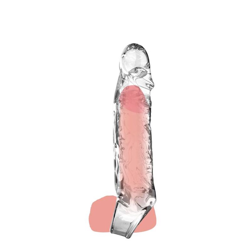 Manchon d'extension Get Real transparent avec silhouette rose en transparence illustrant le port sur le sexe