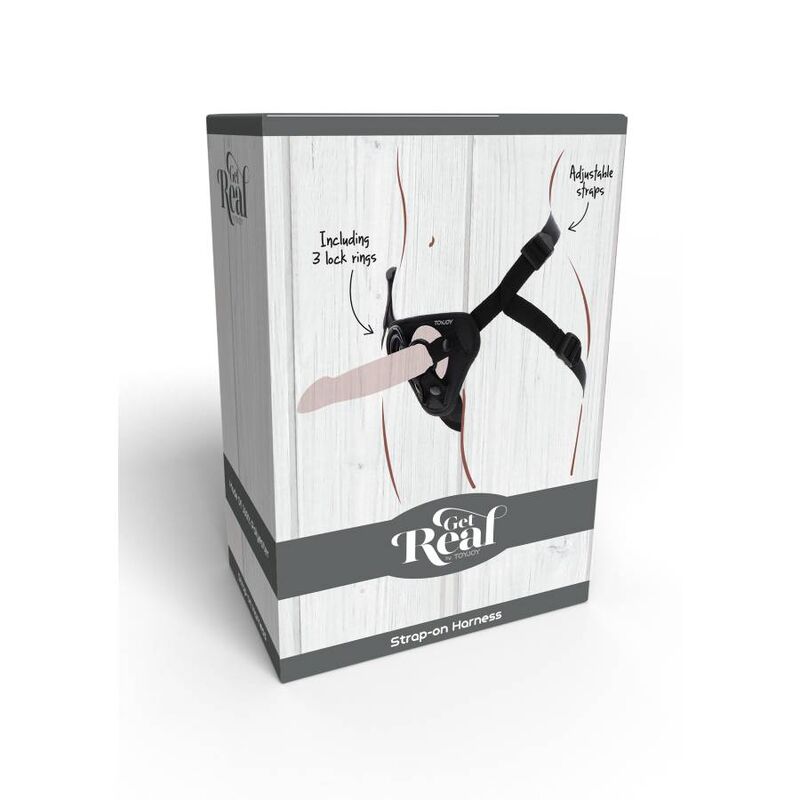 Boite Get Real Strap-On Harness : illustration du harnais noir porte avec gode realiste, mention 3 anneaux et bretelles reglables, packaging bois