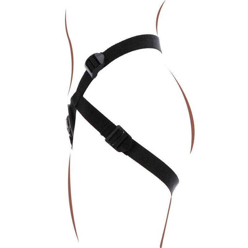 Detail des sangles laterales du harnais strap-on noir illustre sur la hanche, boucles d'ajustement des bretelles reglables, harnais vide sans gode