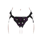 Harnais strap-on dentelle violet avec anneaux silicone — vue de dos