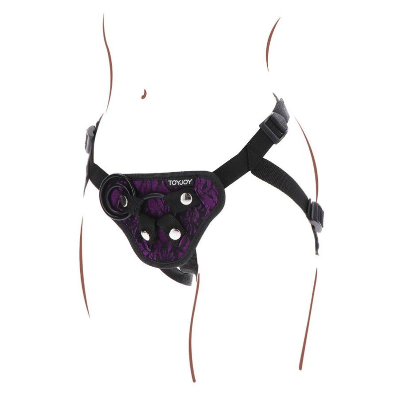 Harnais strap-on dentelle violet avec anneaux silicone — détail texture surface