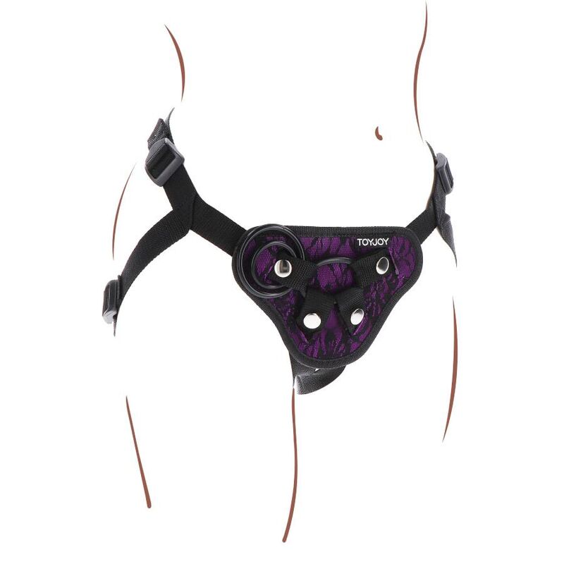 Harnais strap-on dentelle violet avec anneaux silicone — vue rapprochée