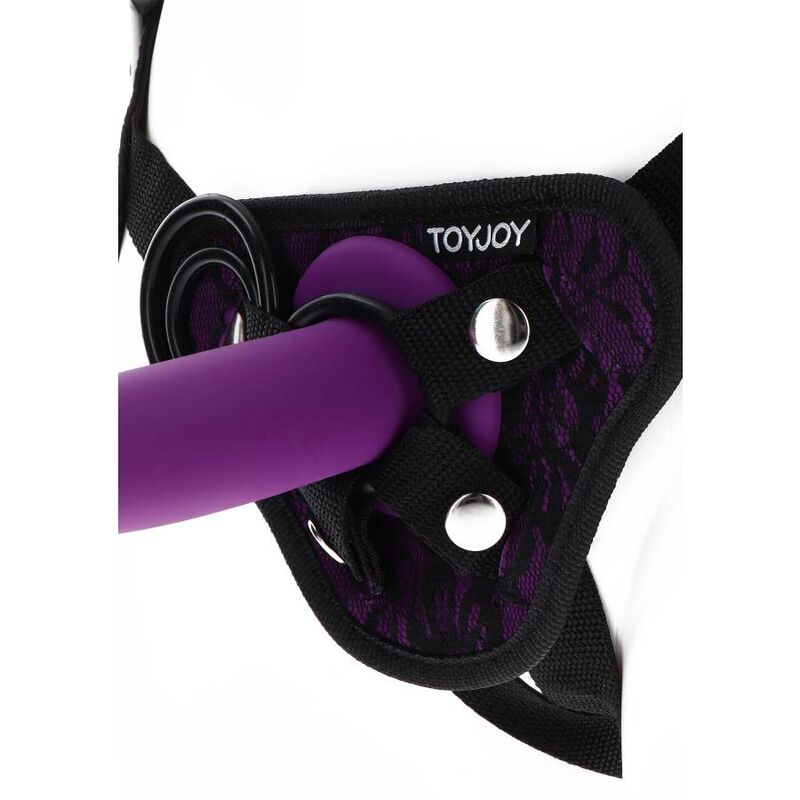 Harnais strap-on dentelle violet avec anneaux silicone — vue de profil