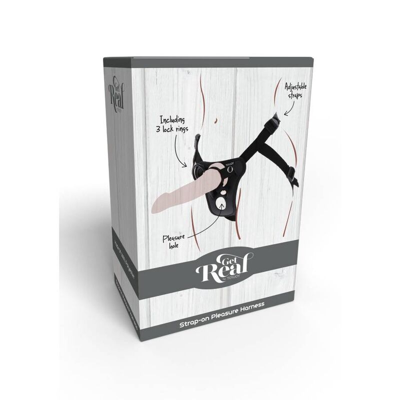 Boite Get Real Strap-On Pleasure Harness : illustration du harnais noir porte avec gode realiste, pleasure hole et bretelles, packaging bois