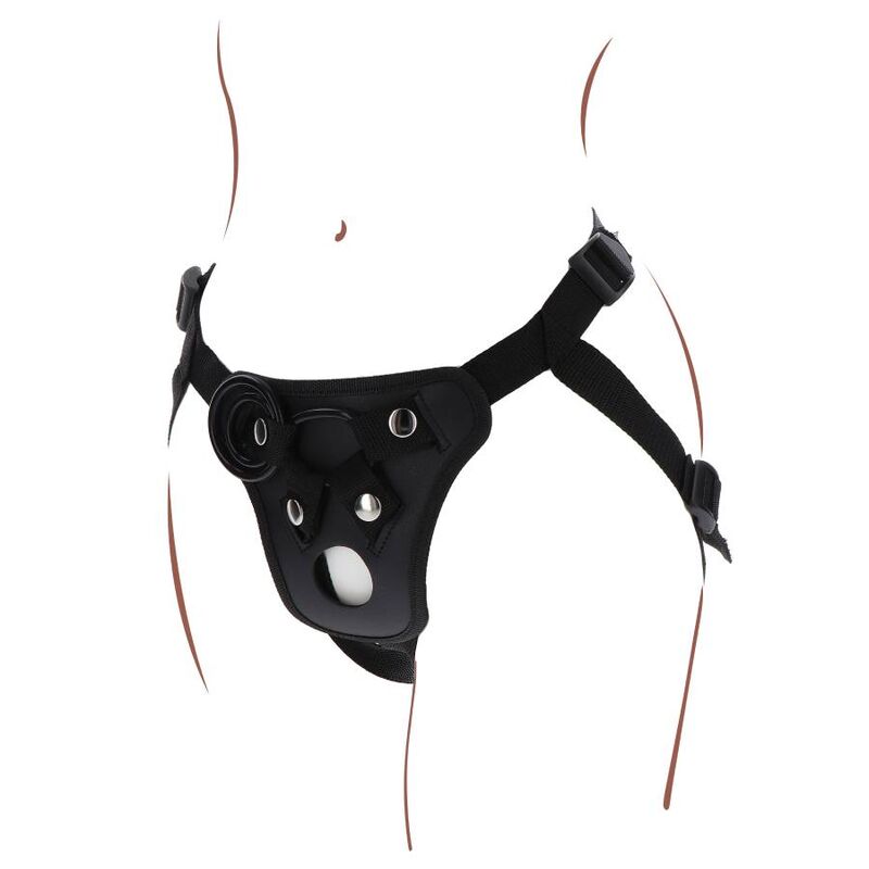 Harnais de plaisir noir Toy Joy illustre sur les hanches, pleasure hole central et sangles ajustables, vue de face du strap-on vide sans gode