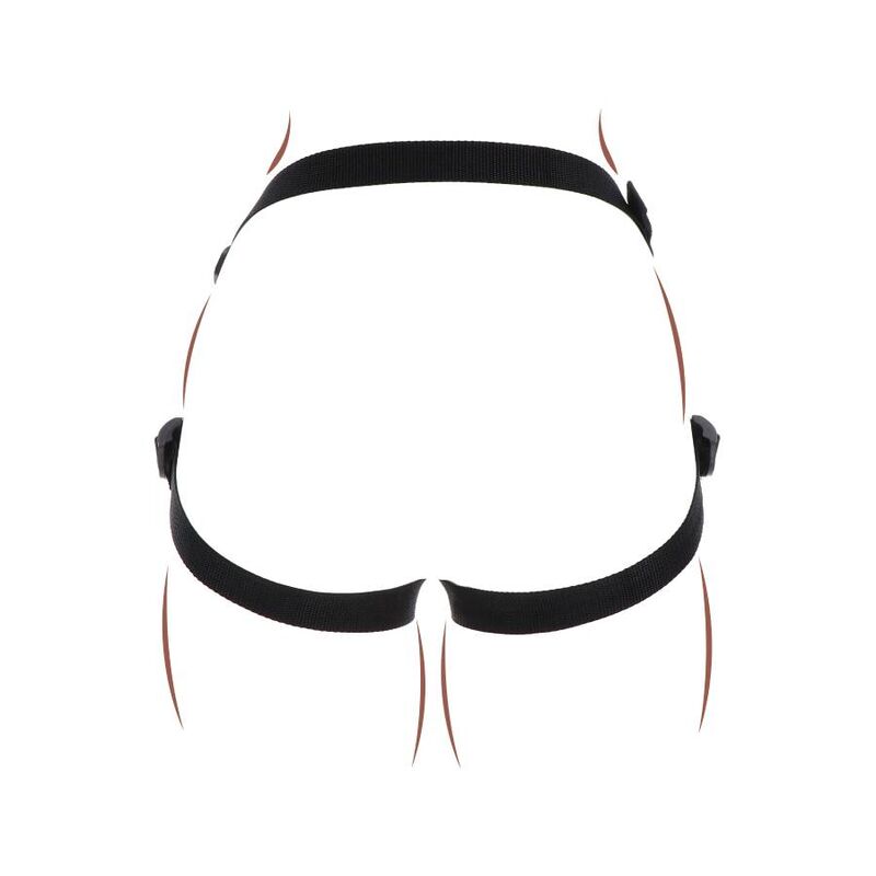 Harnais de plaisir noir en silicone illustre de dos, sangles croisees laissant les fesses libres, harnais strap-on a bretelles reglables