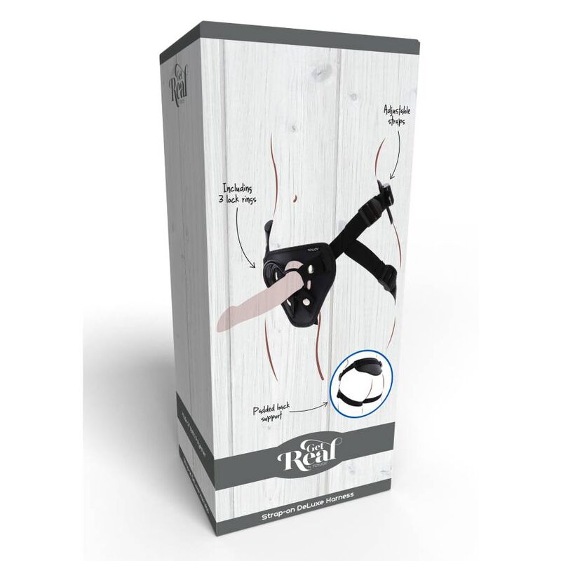 Boite Get Real Deluxe Harness : illustration du harnais noir porte avec gode realiste, dos rembourre et bretelles reglables, packaging bois