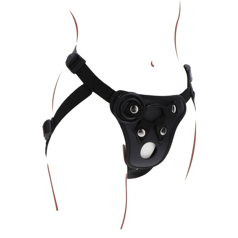 Harnais de plaisir noir illustre de trois quarts sur les hanches, orifice central et bretelles reglables, harnais strap-on presente sans gode