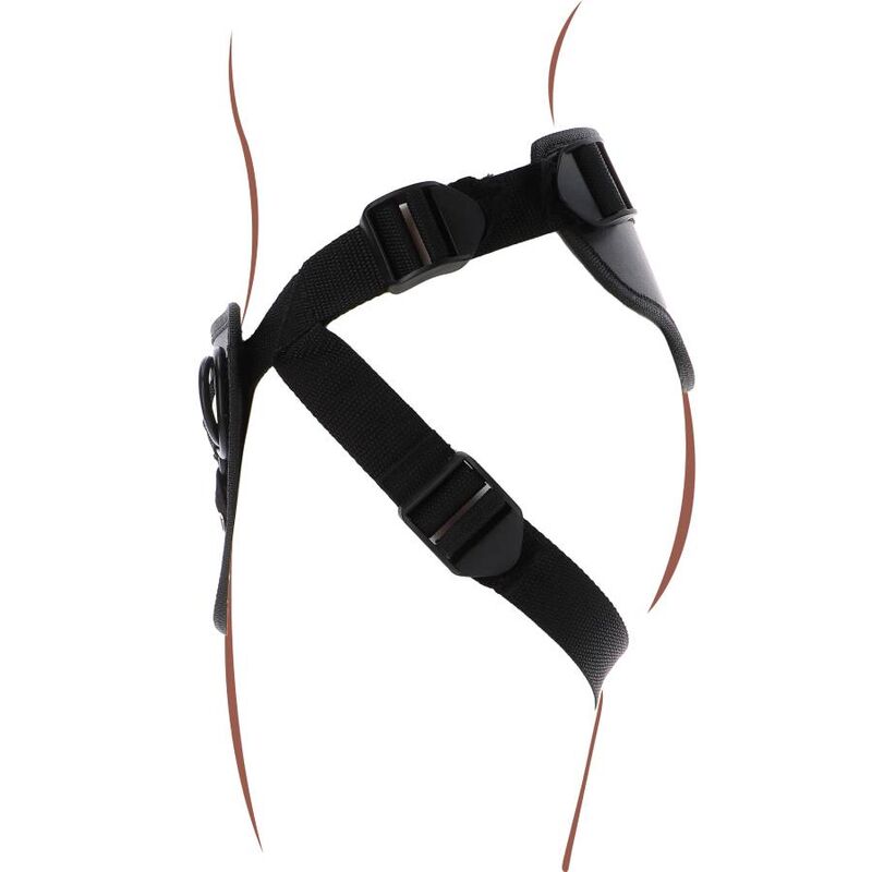 Detail des sangles du harnais Get Real noir illustre sur la hanche, boucles d'ajustement des bretelles reglables, harnais strap-on vide