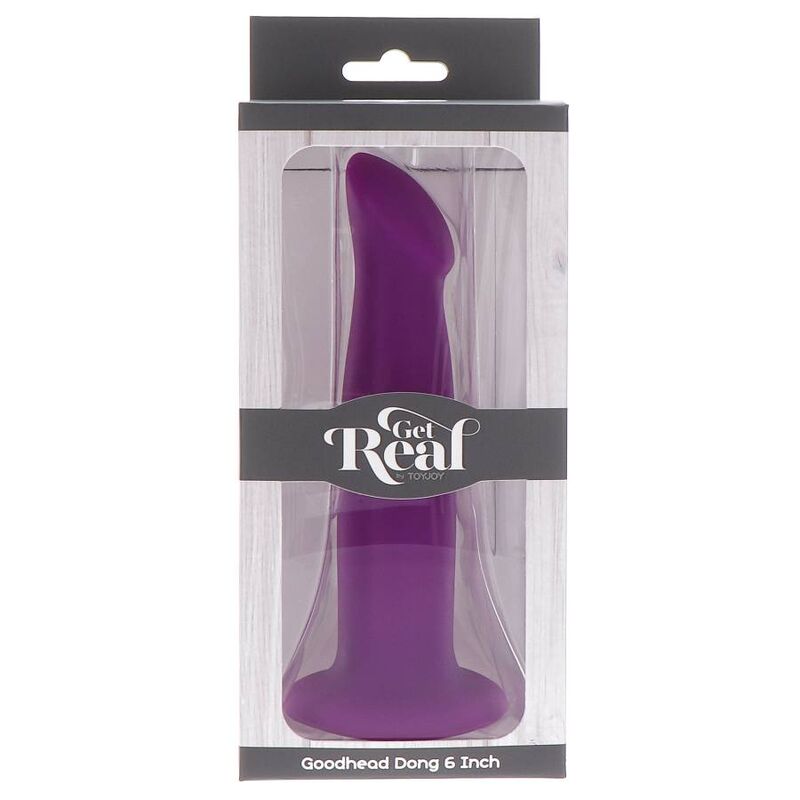 Boite Get Real Goodhead Dong 6 Inch montrant le gode fantaisie violet en silicone sous blister transparent. Emballage gris sobre du modele galbe a base ventouse.