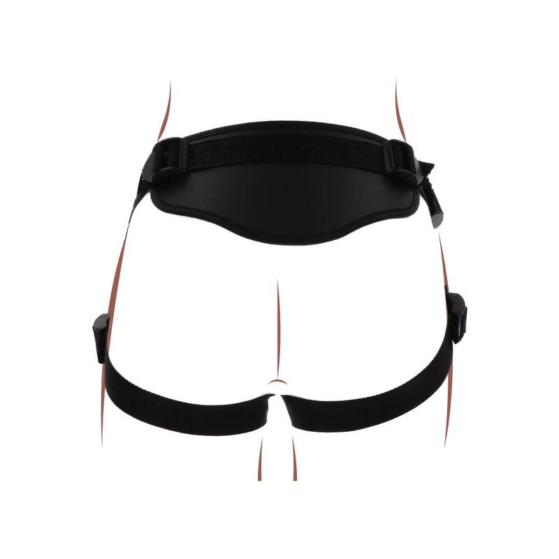 Harnais strap-on Get Real noir illustre de dos avec dos rembourre, sangles croisees laissant les fesses libres, harnais a bretelles reglables