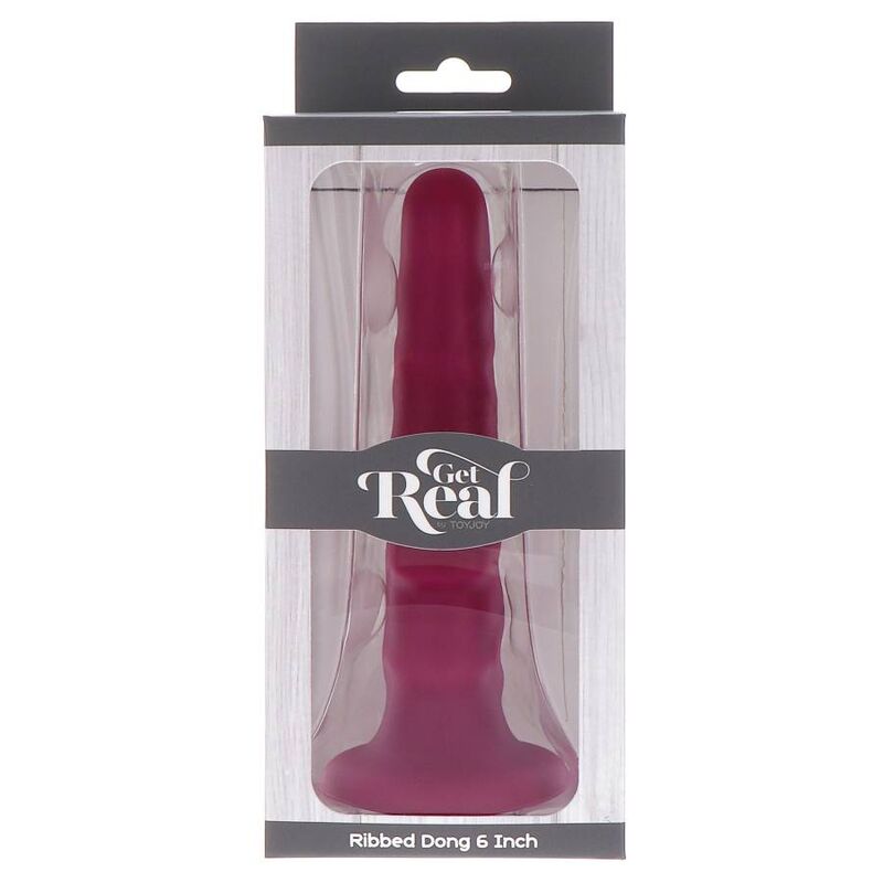 Boite Get Real Ribbed Dong 6 Inch presentant le gode cotele fuchsia sous blister transparent. Emballage gris du modele a nervures spirales en silicone body-safe.