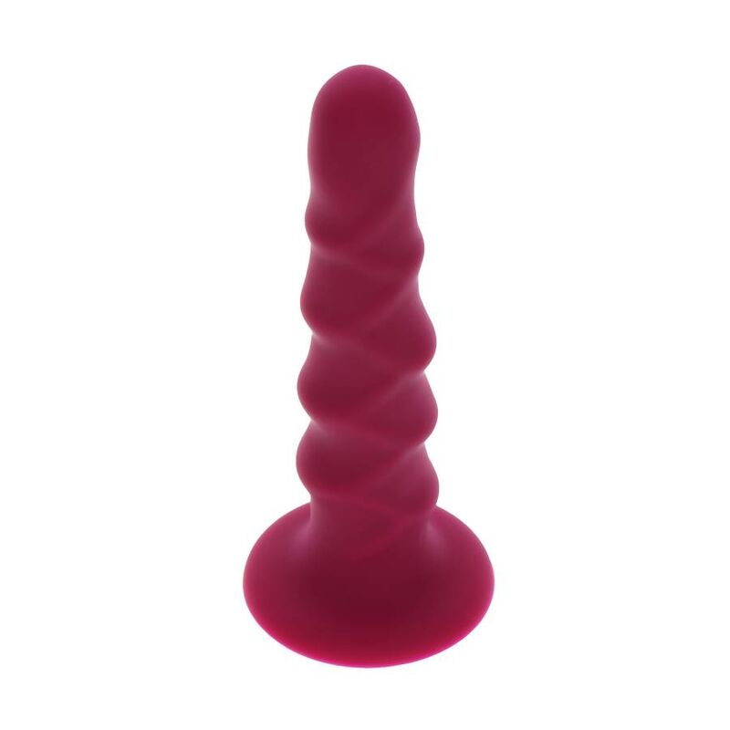Gode cotele rouge en silicone de 12 cm, vue de trois quarts sur ventouse. Spirales nervurees fantaisie et tete arrondie, surface lisse non poreuse compatible harnais.