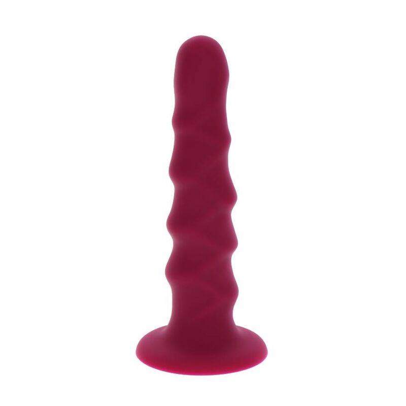 Gode cotele rouge fonce en silicone de 12 cm, vue de face sur base ventouse. Texture nervuree en spirale fantaisie qui demultiplie les sensations, matiere body-safe.