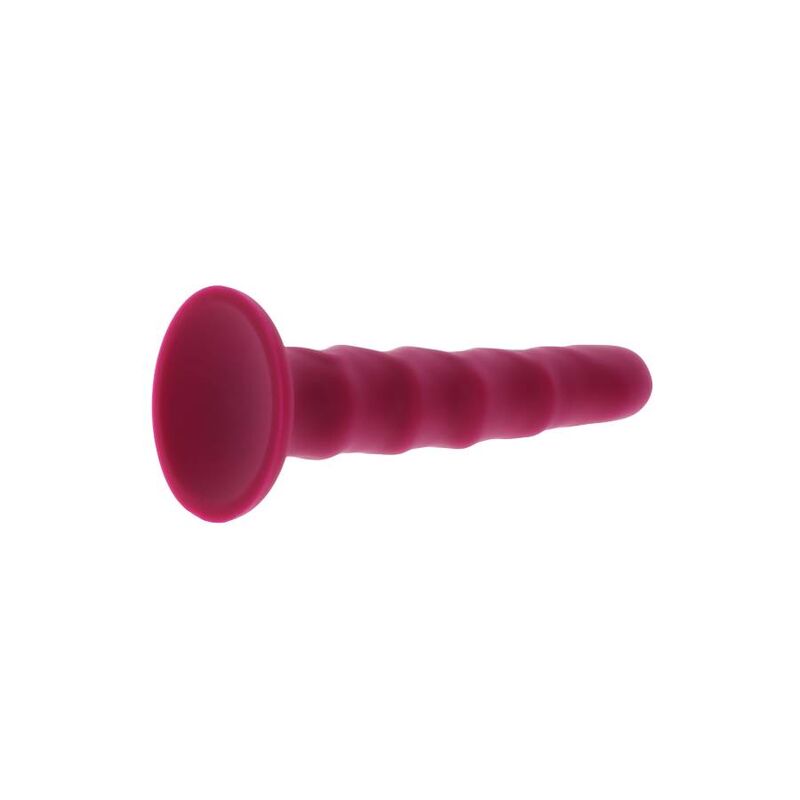 Gode cotele rouge en silicone couche, ventouse en avant et tige nervuree vers le fond. Relief en spirale non realiste de 12 cm, matiere douce body-safe facile a nettoyer.