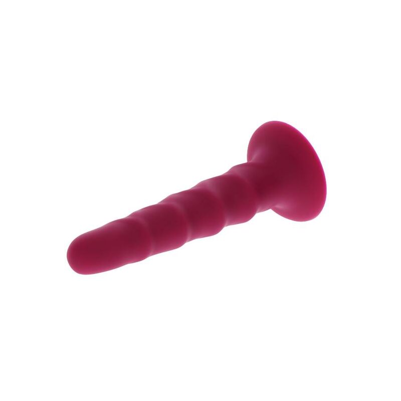 Gode cotele rouge en silicone a plat, vue laterale montrant les nervures en spirale et la base ventouse. Texture fantaisie de 12 cm pour des sensations marquees.