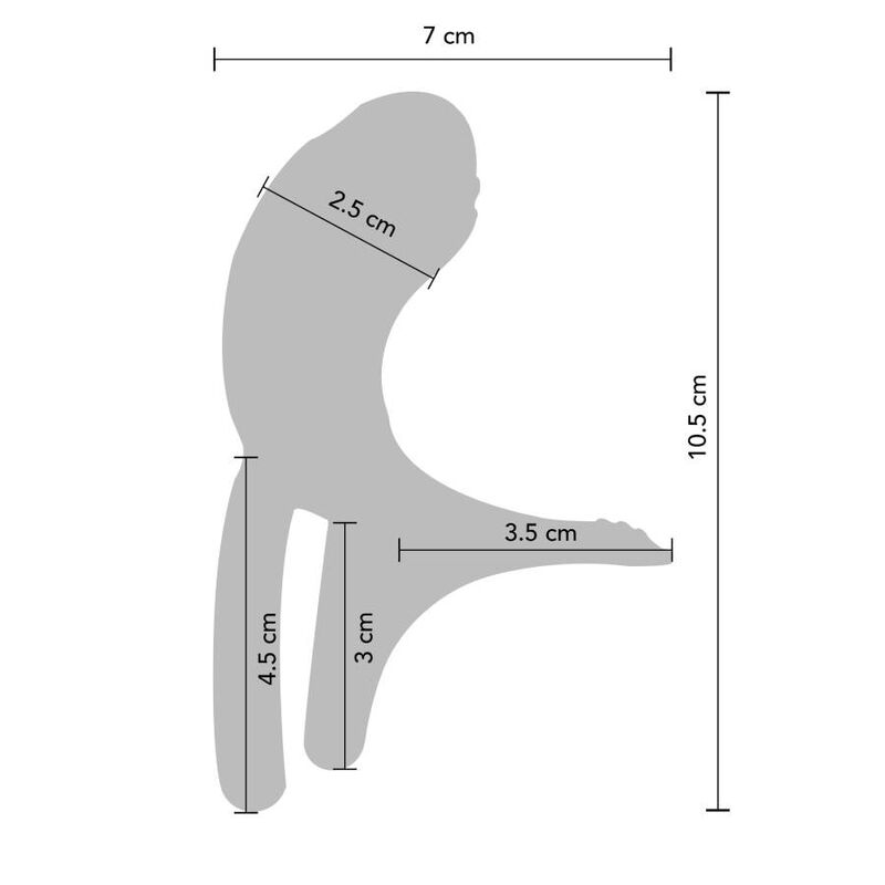 Schema coté du stimulateur couple avec cotes 7 cm de large et 10,5 cm de haut, languette clitoridienne de 3,5 cm, mesures precises de l'anneau vibrant silicone.
