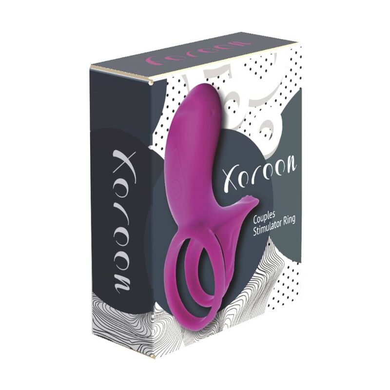 Boite Xocoon Couples Stimulator Ring, packaging noir et blanc presentant l'anneau vibrant fuchsia, design epure sans element anatomique ni scene intime.