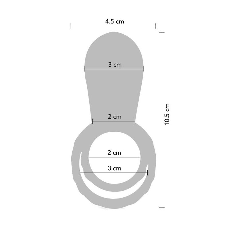 Schema technique coté du cockring vibrant turquoise avec dimensions 4,5 cm de haut, anneaux de 2 et 3 cm, mesures detaillees de la double boucle silicone.