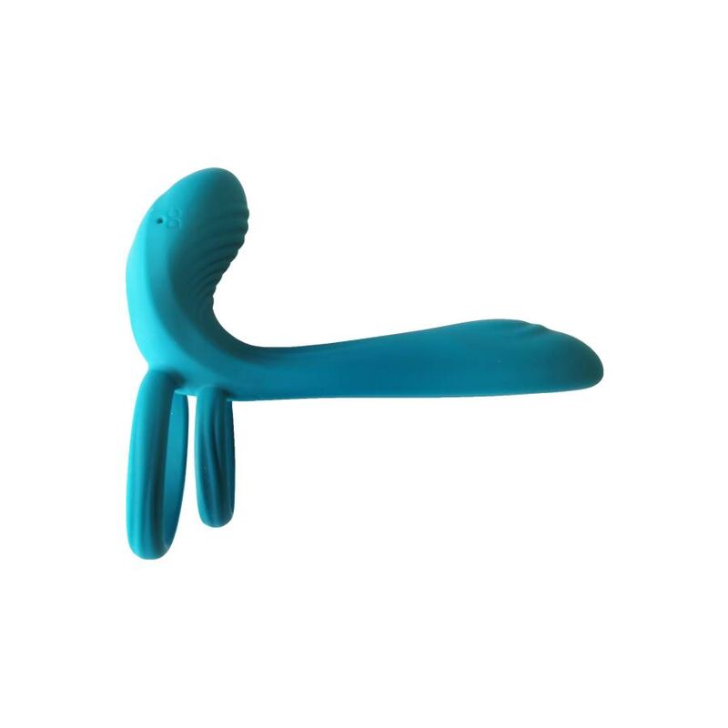Anneau vibrant couple turquoise vu de profil, double boucle silicone et languette clitoridienne allongee, design ergonomique pour stimulation pendant la penetration.