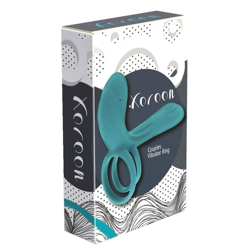 Boite Xocoon Couples Vibrator Ring, packaging noir et blanc avec l'anneau vibrant turquoise menthe, presentation soignee sans element anatomique.