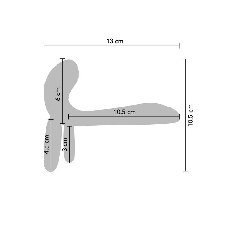 Schema coté du stimulateur couple turquoise avec cotes 13 cm de long, hauteur 6 cm et 10,5 cm, mesures de l'anneau vibrant silicone et de sa languette.