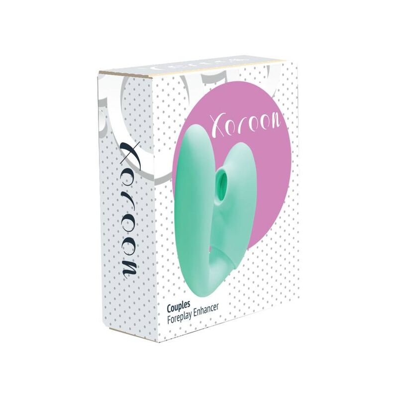 Boite Xocoon Couples Foreplay Enhancer, packaging blanc et rose avec le stimulateur couple menthe en U, presentation soignee sans element anatomique.