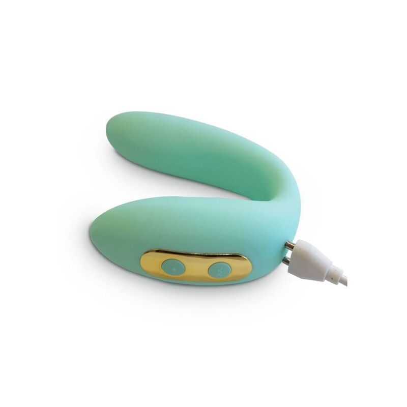 Stimulateur couple menthe avec cable de recharge USB branche, panneau de boutons dores visible, sextoy en U silicone telecommande pour les couples.
