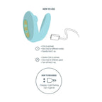Schema How to use du stimulateur couple en U menthe, pictogrammes d'activation, reglage des modes et instructions de recharge par cable USB.