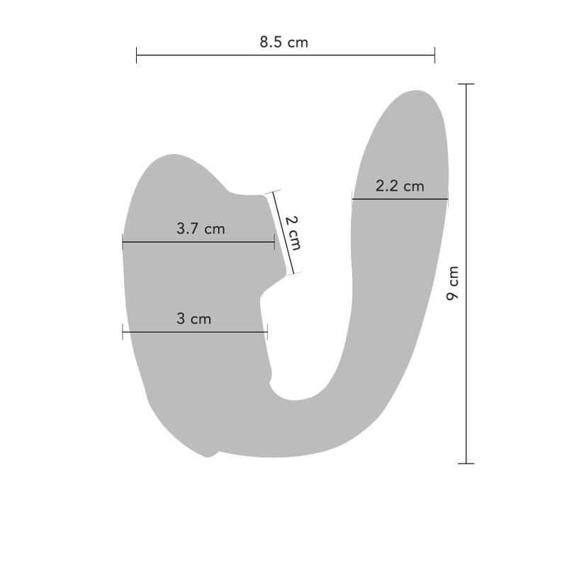 Schema coté du stimulateur couple menthe avec cotes 8,5 cm de large et 9 cm de haut, mesures du manchon clitoridien et des branches silicone du sextoy.