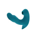 Stimulateur Eternal Love turquoise vu de face, double branche silicone pour point G et clitoris avec bande de commande doree, triple fonction vibration et pulsation.