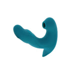 Stimulateur Eternal Love turquoise vu de face, double branche silicone pour point G et clitoris avec bande de commande doree, triple fonction vibration et pulsation.