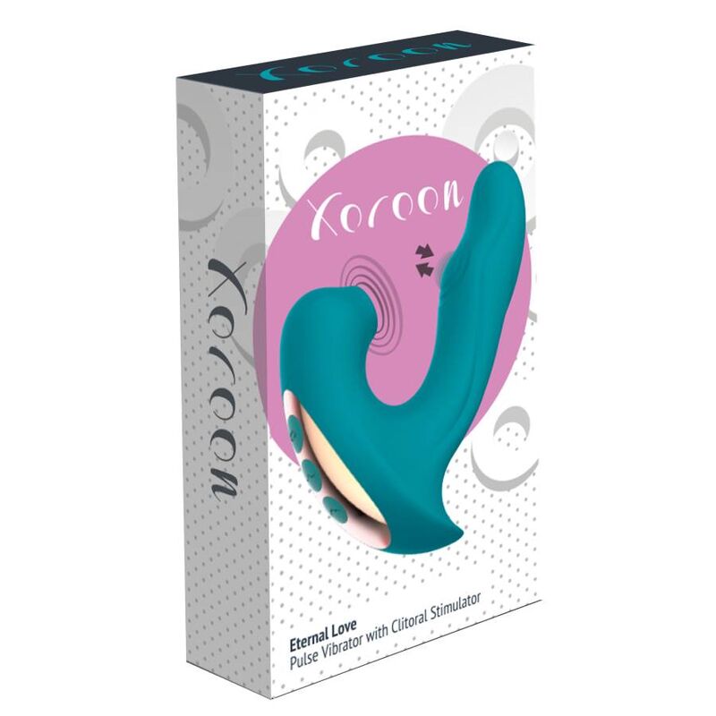 Boite Xocoon Eternal Love Pulse Vibrator with Clitoral Stimulator, packaging blanc et rose presentant le stimulateur turquoise double fonction.