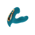 Stimulateur Eternal Love turquoise vu en plongee, panneau de boutons dore et double branche silicone, design compact pour stimulation point G et clitoris.
